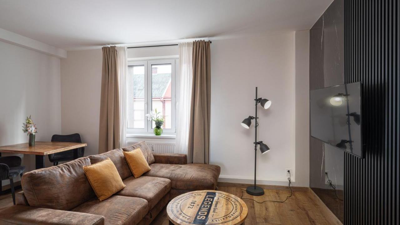Living room of a renovated apartment with sofa, dining table and kitchen